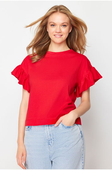 Red 100% Cotton Ruffle Detail Basic Crew Neck Knitted T-Shirt