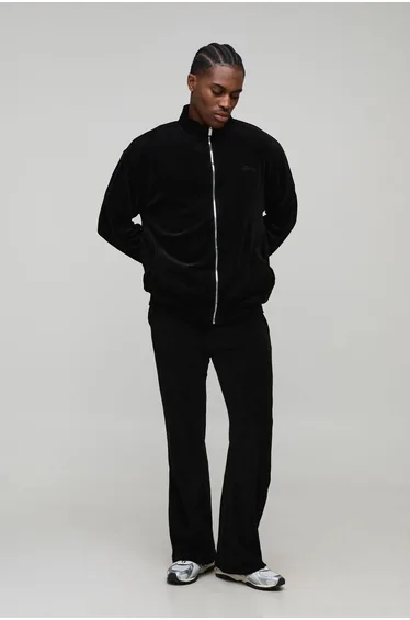 Oversized BM Signature Velour Zip Funnel Relaxed Flare Tracksuit - black