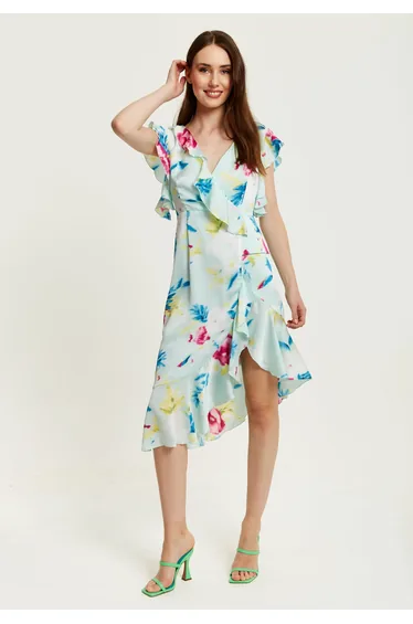 Women's Midi Wrap Dress with Flouncy Sleeves in Mint Green .