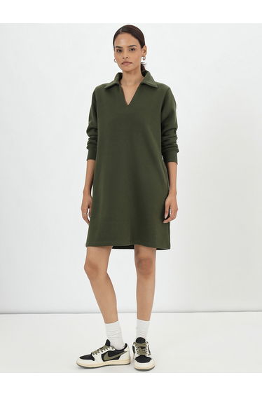 Olive Fleece Mini Shirt Dress