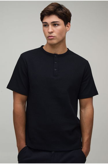 Slim Fit Waffle Henley T-Shirt - black