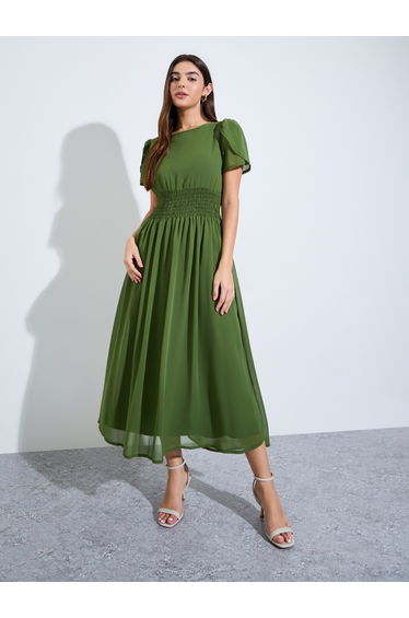 Green A-Line Maxi Dress with Shirred Waist