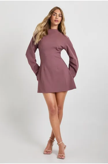 Ruched High Neck Barrel Sleeve Skater Dress - rose