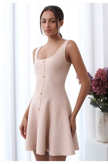 Square Neck Button Decor Skater Dress in Nude Pink
