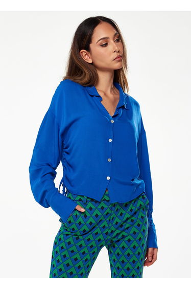 Women's Shirt in Blue with Side Drawstring Detail