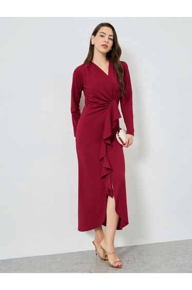 Women Burgundy Ruffled Front Maxi Dress