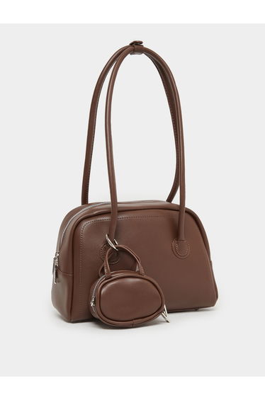 Brown Long Strap Shoulder Bag with Mini Purse