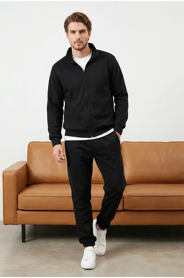 Black Regular Cut Zippered Basic Tracksuit