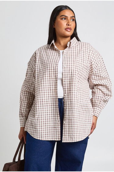 Plus Check Oversized Shirt - burgundy