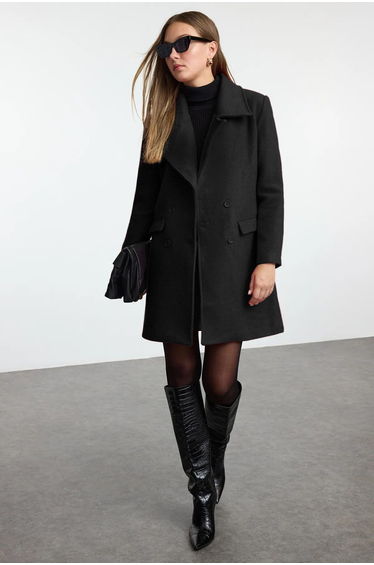 Black Regular Button Closure Cashmere Coat
