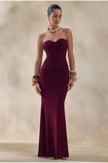 Elodia | Burgundy Bandeau Maxi Dress With Gathered-Detailing