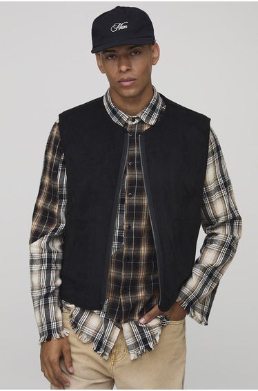 Boxy Fit Reversible Borg & Suede Gilet - black