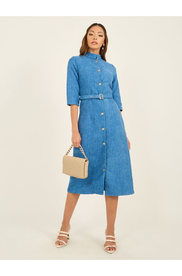 Tweed A-Line Belted Midi Dress with 3/4th Sleeves