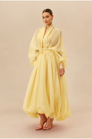 Elegant Moment Yellow Deep V-neck Puff Sleeve Maxi Dress
