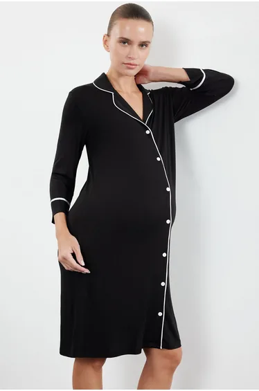 Black Shirt Collar Piping Knitted Maternity & Postpartum Nightgown