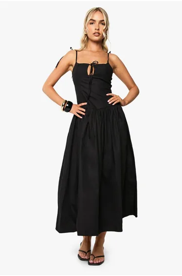 فستان ميداكسي بربطة بحمالات رفيعة - أسود