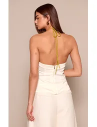 Cream Satin Contrast Halterneck Top - 1