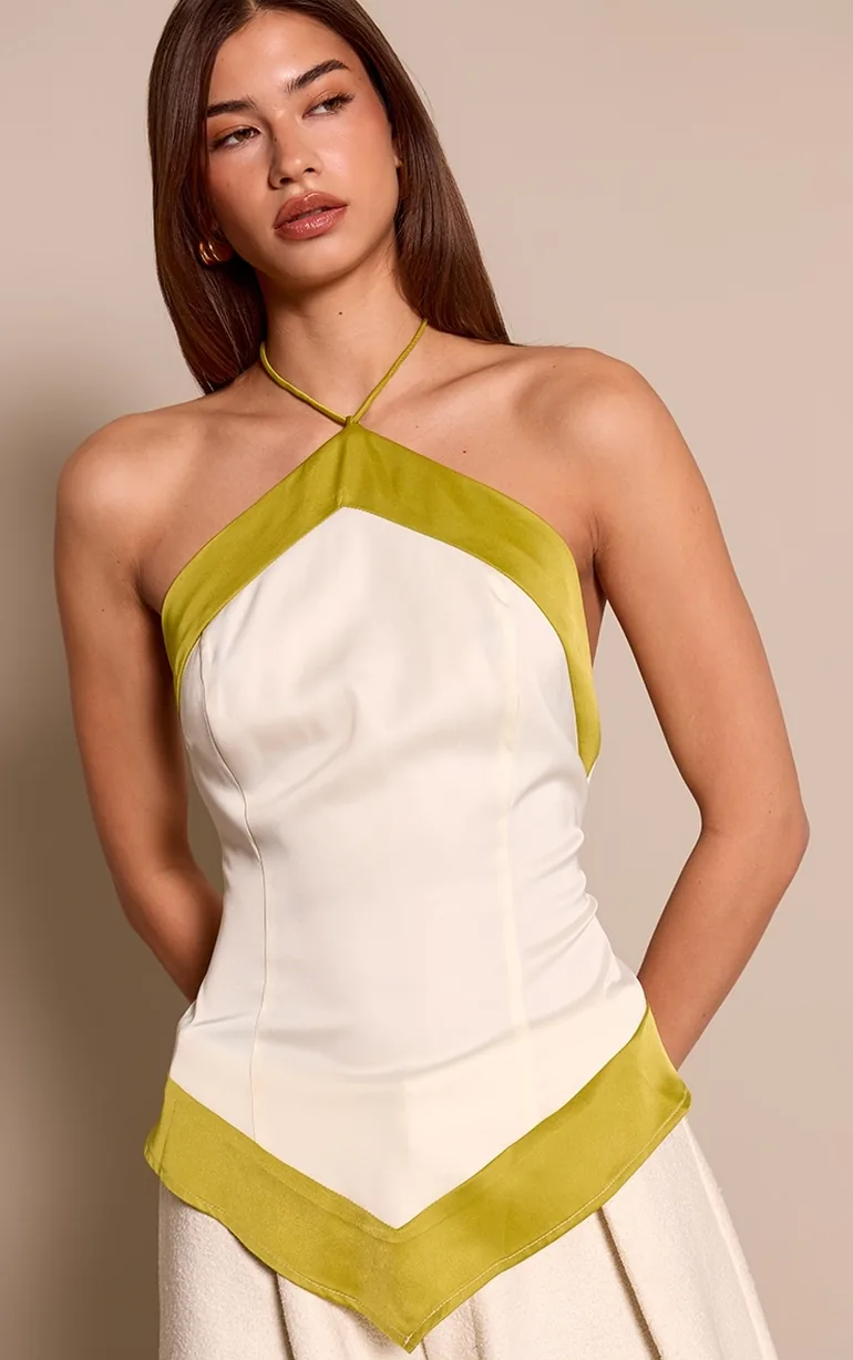 Cream Satin Contrast Halterneck Top