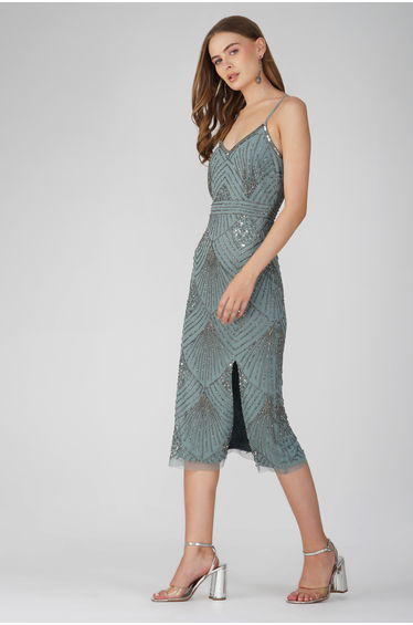 Penelope Embellished Midi Dress in Teal