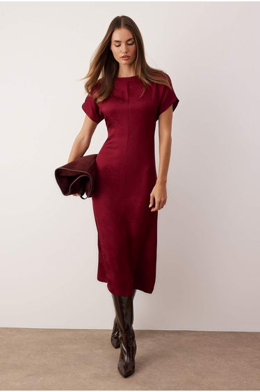 Burgundy plain jacquard midi woven dress