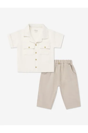 Tiffany Baby Boys Linen Breeze Shirt and Pants Set in Beige