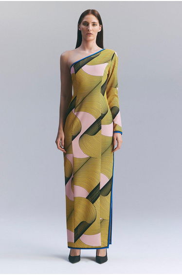 Amelia Graham Printed Cady One Shoulder Maxi Dress