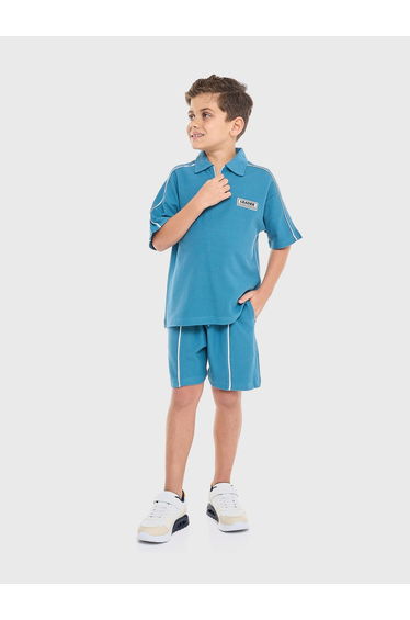 Boys Piping Textured Knit Polo T-Shirt and Shorts Set