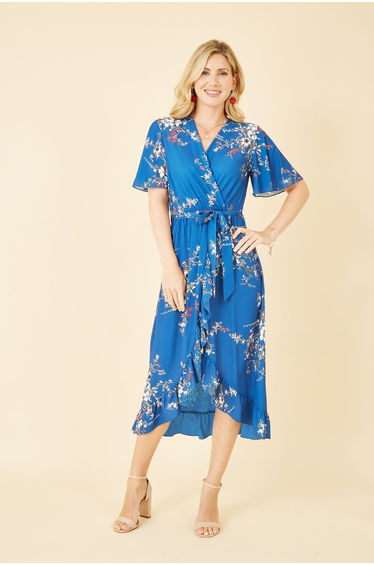 Mela Blue Floral Dip Hem Wrap Midi Dress
