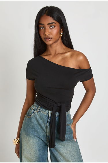Modal Off The Shoulder Tie Waist Top - black