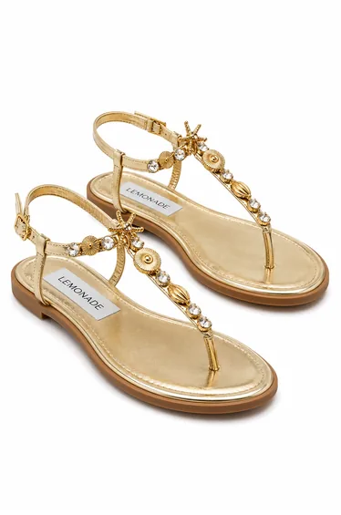 Crystal Seashell Ocean Muse T-Bar Charm Sandals Gold
