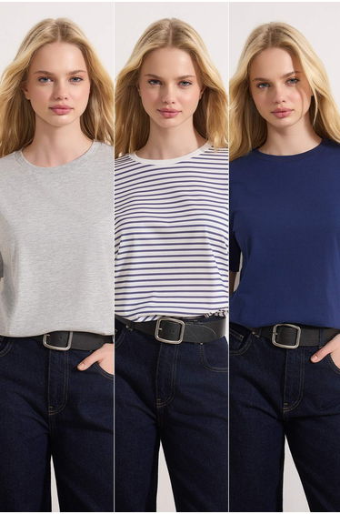 Navy Blue-Grey Melange-Ecru Striped 3-Pack Basic Crew Neck Knitted T-Shirt