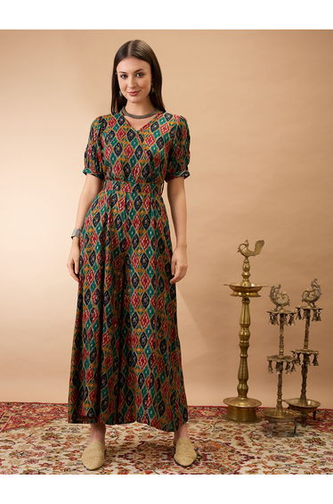 Ethnic Motifs Print Flared Wide Leg Fusion Jumpsuit