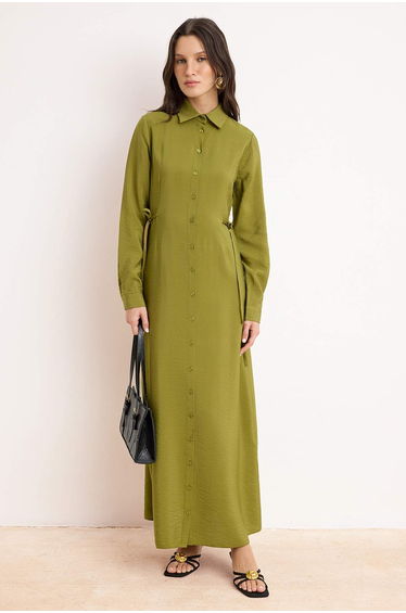 Green Unlined Plain Woven Lilyum Hijab Dress