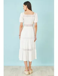Yumi White Cotton Square Neckline Lace Midi Dress - 5
