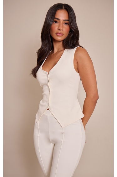 Petite Cream Interlock Button Up Sleeveless Top