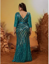 Leely Plus Women's Elegant V Neck Three Quarter Length Sleeve Party Dress - 1