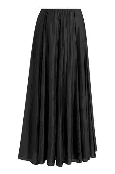 Raw-Edge Panel Elastic-Waist Maxi Skirt in Black for Garden Parties & Bridal Showers