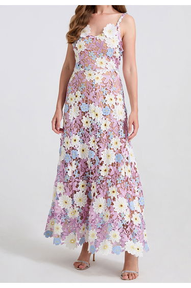 3D Floral Applique Cutwork Lace Cami Maxi Dress in Dusty Rose for Bridal Showers & Garden Weddings