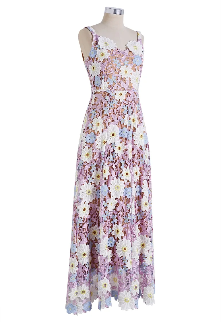 3D Floral Applique Cutwork Lace Cami Maxi Dress in Dusty Rose for Bridal Showers & Garden Weddings - 8