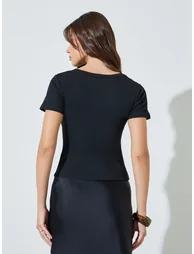 Black Crew Neck Ribbed Knit T-Shirt - 3