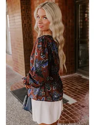 Lvness Brown Autumn Floral Print Smocked Cuffs Shift Blouse - 4