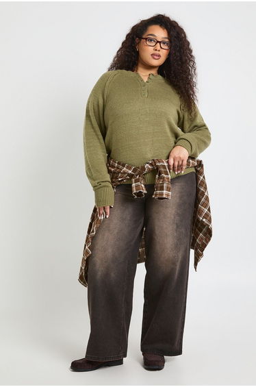 Plus Exposed Seam Henley Knitted Jumper - olive