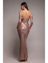 Goddiva Off The Shoulder Sequin Wing Maxi Dress - Champagne - 1