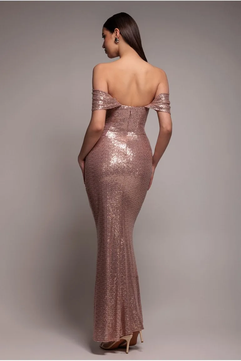 Goddiva Off The Shoulder Sequin Wing Maxi Dress - Champagne - 1