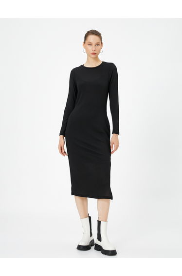 Maxi Column Dress Long Sleeve Round Neck Lined Slit Detail
