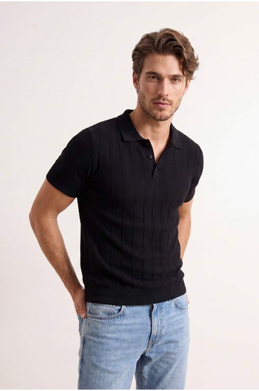 Black Slim/Fitted Fit Textured Polo Neck T-Shirt