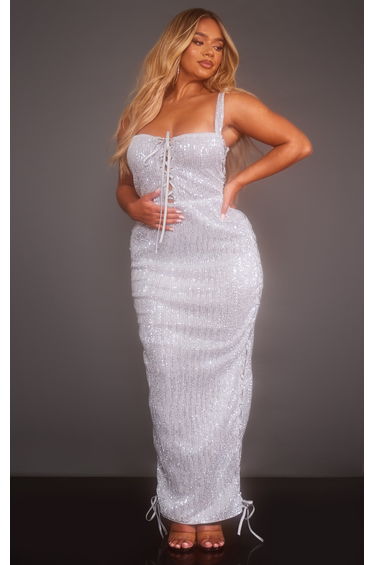 Shape Silver Sequin Lace Up Maxi Dress