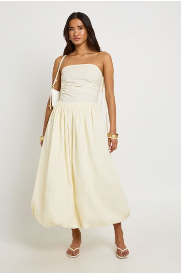 Cotton Poplin Ruched Puff Ball Midi Dess - lemon