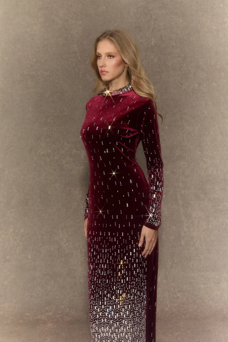 Classy Nights Burgundy Gradient Rhinestone Maxi Dress - 3