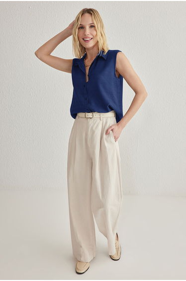 Navy Blue Zero Sleeve Linen Look Regular Regular Fit Woven Shirt